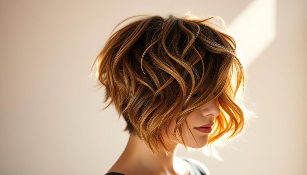 A stylish wolf cut with voluminous, layered waves cascading over the shoulders, bathed in warm, natural lighting. The hairstyle features defined, textured strands in a soft, tousled silhouette, conveying a modern, effortless elegance. The focus is on the dynamic, dimensional layers that create depth and movement, showcasing the alluring appeal of this versatile, trendy haircut. Shot from a slightly elevated angle to emphasize the full, dimensional shape of the style, with a clean, minimalist background that allows the wolf cut to take center stage.