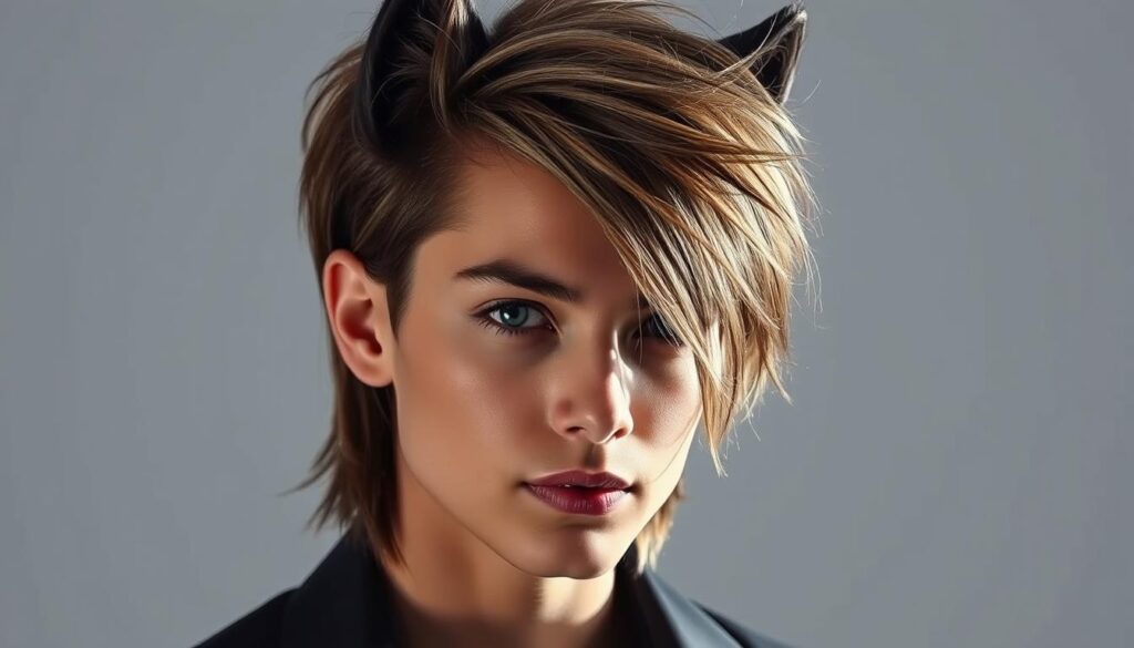A stylish wolf-inspired haircut with shaggy, textured layers flowing gracefully around a thoughtful, serene facial expression. Dramatic lighting casts dramatic shadows, emphasizing the sleek silhouette and creating an air of sophisticated allure. The model's gaze is direct yet contemplative, capturing the essence of the long wolf cut trend - a bold, modern style that evokes the untamed beauty of nature. Shot on a clean, minimalist background to let the hairstyle and subject shine.