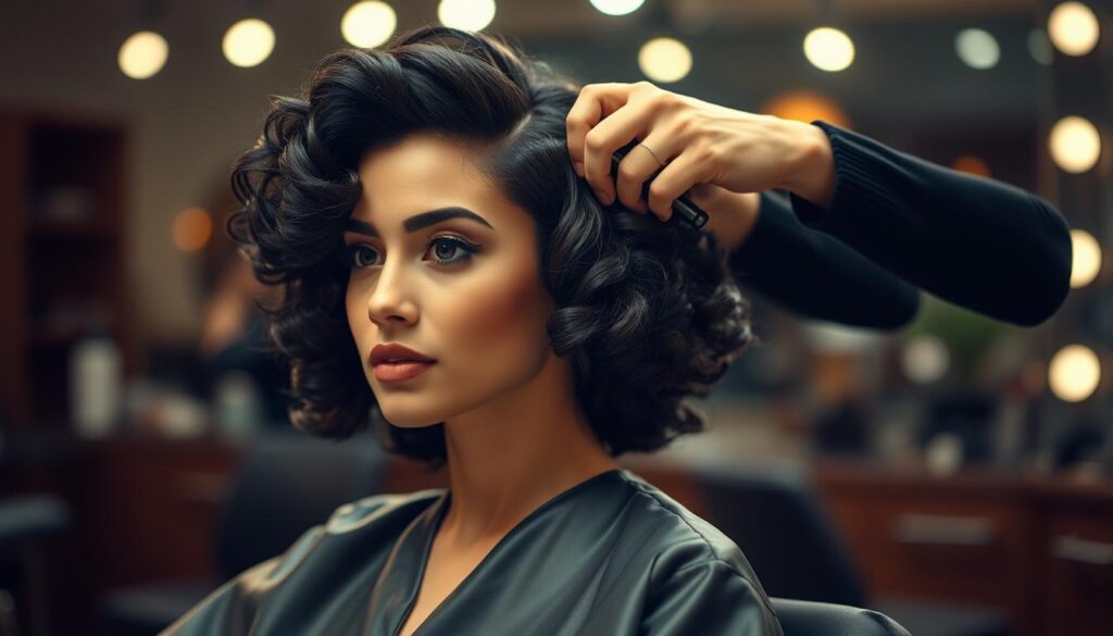 A stylish woman sitting in a salon chair, her hair carefully curled and pinned, as a hairstylist demonstrates the steps for achieving the perfect perm. The scene is well-lit, with soft, diffused lighting from overhead and warm hues reflecting off the woman's face. The hairstylist's hands are in focus, showcasing the intricate process of wrapping strands around rods and securing them in place. The background is blurred, creating a sense of depth and emphasizing the central action. The mood is one of attentiveness and anticipation, as the woman prepares for her transformation. A stylish woman sitting in a salon chair, her hair carefully curled and pinned, as a hairstylist demonstrates the steps for achieving the perfect perm. The scene is well-lit, with soft, diffused lighting from overhead and warm hues reflecting off the woman's face. The hairstylist's hands are in focus, showcasing the intricate process of wrapping strands around rods and securing them in place. The background is blurred, creating a sense of depth and emphasizing the central action. The mood is one of attentiveness and anticipation, as the woman prepares for her transformation.
