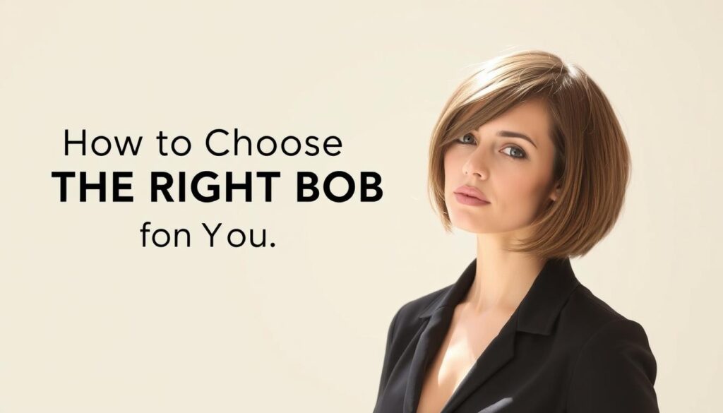 A stylish woman with a classic bob haircut stands in a well-lit studio, her head angled slightly to showcase the cut's elegant lines. Soft natural lighting from the side creates subtle shadows, accentuating the texture and movement of her hair. The background is a minimalist, off-white backdrop, allowing the focus to remain on the subject's hairstyle. The woman's expression is confident and poised, embodying the timeless sophistication of the bob cut. The image captures the essence of the "How to Choose the Right Bob for You" section, providing visually compelling guidance on this versatile and popular hairstyle. A stylish woman with a classic bob haircut stands in a well-lit studio, her head angled slightly to showcase the cut's elegant lines. Soft natural lighting from the side creates subtle shadows, accentuating the texture and movement of her hair. The background is a minimalist, off-white backdrop, allowing the focus to remain on the subject's hairstyle. The woman's expression is confident and poised, embodying the timeless sophistication of the bob cut. The image captures the essence of the "How to Choose the Right Bob for You" section, providing visually compelling guidance on this versatile and popular hairstyle.