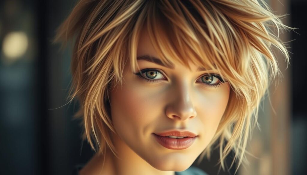 A stylish woman with a layered shag haircut, her tousled locks framing her face in a chic, effortless manner. Soft, diffused lighting bathes the scene, creating a warm, inviting atmosphere. The model's expression exudes confidence and a carefree attitude, embodying the trendy, youthful spirit of the shaggy hairstyle. The image is captured at a slight angle, emphasizing the dynamic, textured nature of the haircut and drawing the viewer's attention to the versatility and appeal of this iconic look. A stylish woman with a layered shag haircut, her tousled locks framing her face in a chic, effortless manner. Soft, diffused lighting bathes the scene, creating a warm, inviting atmosphere. The model's expression exudes confidence and a carefree attitude, embodying the trendy, youthful spirit of the shaggy hairstyle. The image is captured at a slight angle, emphasizing the dynamic, textured nature of the haircut and drawing the viewer's attention to the versatility and appeal of this iconic look.