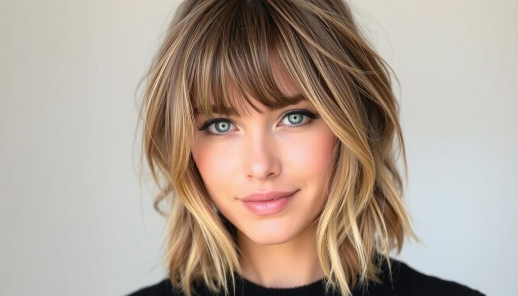 A stylish woman with medium-length hair, showcasing the effortless charm of curtain bangs. The hair is parted down the center, with wispy strands framing her face in a softly layered, shaggy style. Soft, flattering lighting accentuates the texture and movement of the hair, creating an inviting, natural look. The background is a simple, minimalist setting, allowing the focus to remain on the hairstyle and its dynamic, lived-in appeal. The overall mood is one of casual, everyday elegance - a classic shaggy vibe that embodies the allure of the wolf cut with bangs.