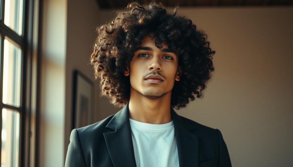A stylish young man with voluminous, shoulder-length curly hair stands confidently, his head slightly tilted as natural light filters through a window, casting a warm, flattering glow on his features. His expression is relaxed, conveying a sense of self-assurance and comfort with his striking, textured hairstyle. The background is softly blurred, keeping the focus on the man's captivating curls and elegant pose, showcasing the transformative power of embracing one's natural hair texture. A stylish young man with voluminous, shoulder-length curly hair stands confidently, his head slightly tilted as natural light filters through a window, casting a warm, flattering glow on his features. His expression is relaxed, conveying a sense of self-assurance and comfort with his striking, textured hairstyle. The background is softly blurred, keeping the focus on the man's captivating curls and elegant pose, showcasing the transformative power of embracing one's natural hair texture.