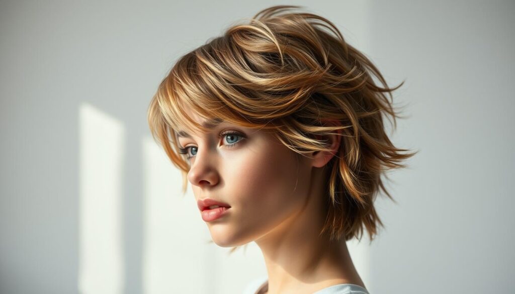 A stylish young model showcasing a modern wolf cut hairstyle with multi-layered, textured waves and subtle highlights in warm golden tones. The haircut features shaggy, tapered ends with soft, feathered layers that frame the face beautifully. The model is shot in a sleek, minimalist studio setting with soft, directional lighting casting dramatic shadows and highlights on the hair. The overall mood is sophisticated and fashion-forward, capturing the essence of the contemporary wolf cut trend.