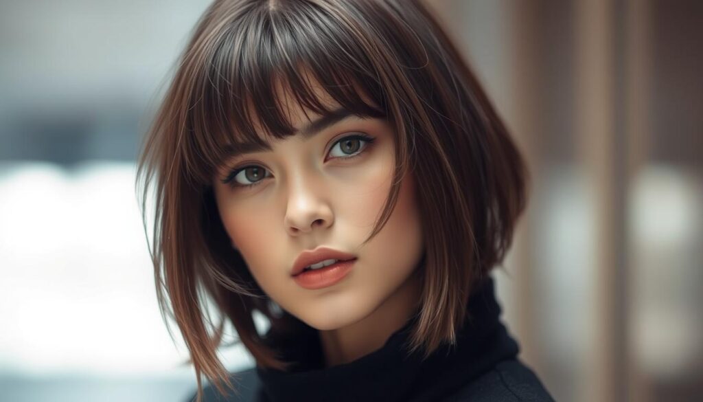 A stylish young woman with a chic "curtain bangs wolf cut" hairstyle, her face partially obscured by her long, wispy bangs. She gazes confidently at the camera, her expression conveying a sense of effortless cool. The lighting is soft and flattering, creating a dreamy, ethereal atmosphere. The background is blurred, placing the focus squarely on the model's striking hairstyle and captivating presence. Captured with a shallow depth of field and a warm, slightly muted color palette, this image perfectly embodies the essence of the "Short Wolf Cut: The Chic Hairstyle for Confident Females" article.