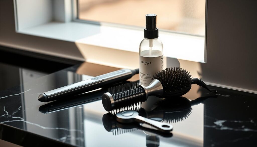 A stylishly arranged set of wolf cut styling tools - a ceramic flat iron, a round boar bristle brush, and a texturizing sea salt spray bottle - placed on a sleek, minimalist black marble countertop. Soft, warm lighting from a nearby window creates gentle shadows and highlights the tools' metallic and glass details. The overall scene conveys a sense of modern, salon-inspired sophistication perfectly suited for crafting the effortlessly tousled, layered look of the captivating Asian wolf cut hairstyle.