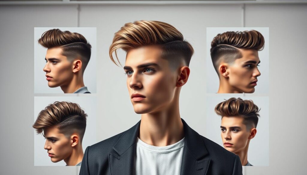 A stylishly coiffed young man with an array of Justin Bieber-inspired haircuts, displayed against a sophisticated backdrop. The foreground features a selection of meticulously styled looks, showcasing the versatility of Bieber's iconic hairstyles - from the signature swept-back fringe to the textured, voluminous pompadour. The middle ground depicts the model trying on different cuts, capturing the process of finding the perfect Bieber-esque style. The background is a minimalist, light-filled studio setting, allowing the hair to take center stage. Soft, directional lighting accentuates the sheen and movement of each hairstyle, while a muted color palette creates a sense of elegance and refinement. A stylishly coiffed young man with an array of Justin Bieber-inspired haircuts, displayed against a sophisticated backdrop. The foreground features a selection of meticulously styled looks, showcasing the versatility of Bieber's iconic hairstyles - from the signature swept-back fringe to the textured, voluminous pompadour. The middle ground depicts the model trying on different cuts, capturing the process of finding the perfect Bieber-esque style. The background is a minimalist, light-filled studio setting, allowing the hair to take center stage. Soft, directional lighting accentuates the sheen and movement of each hairstyle, while a muted color palette creates a sense of elegance and refinement.