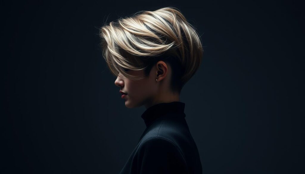 A stylishly layered wolf cut showcasing different hair lengths, from a short undercut to long, flowing waves. A dramatic, moody lighting illuminates the hairstyle from the side, casting dramatic shadows and highlights. The model stands in a serene, minimalist setting, allowing the hairstyle to take center stage. Velvety textures, dimensional volume, and a subtle sheen create a luxurious, high-fashion aesthetic. The overall atmosphere evokes a sense of effortless elegance and modern sophistication.