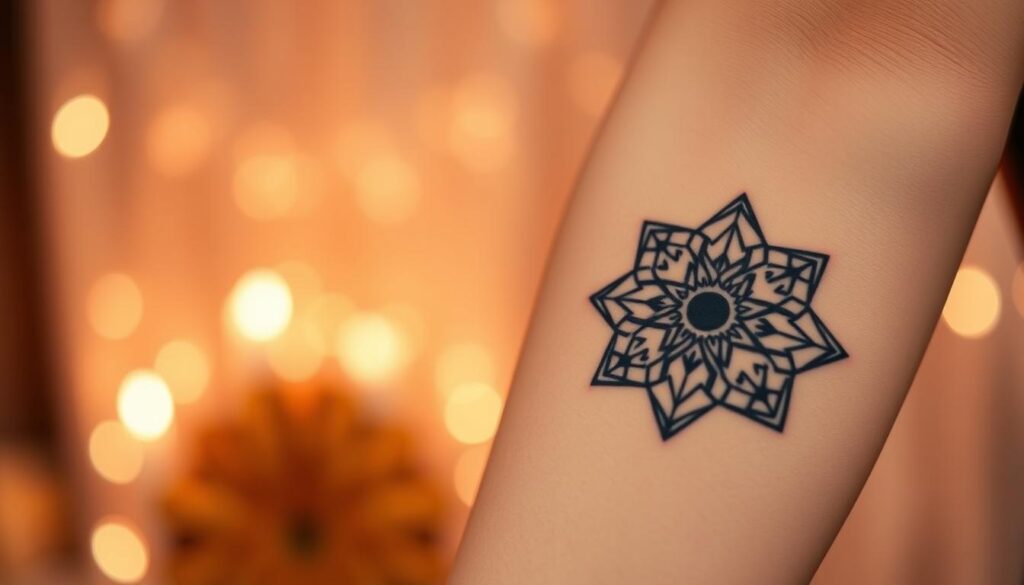 A stylized and distinctive birthday tattoo design, featuring a bold, intricate pattern in the foreground. The tattoo is situated on the inner arm, against a softly blurred, warm-toned background that evokes the celebratory atmosphere of a birthday. The design incorporates abstract geometric shapes, delicate line work, and subtle shading to create a visually striking, personalized piece of body art. Lit by warm, directional lighting that casts subtle shadows, highlighting the depth and texture of the tattoo. Captured at a medium close-up angle, with a shallow depth of field to keep the tattoo the primary focus.