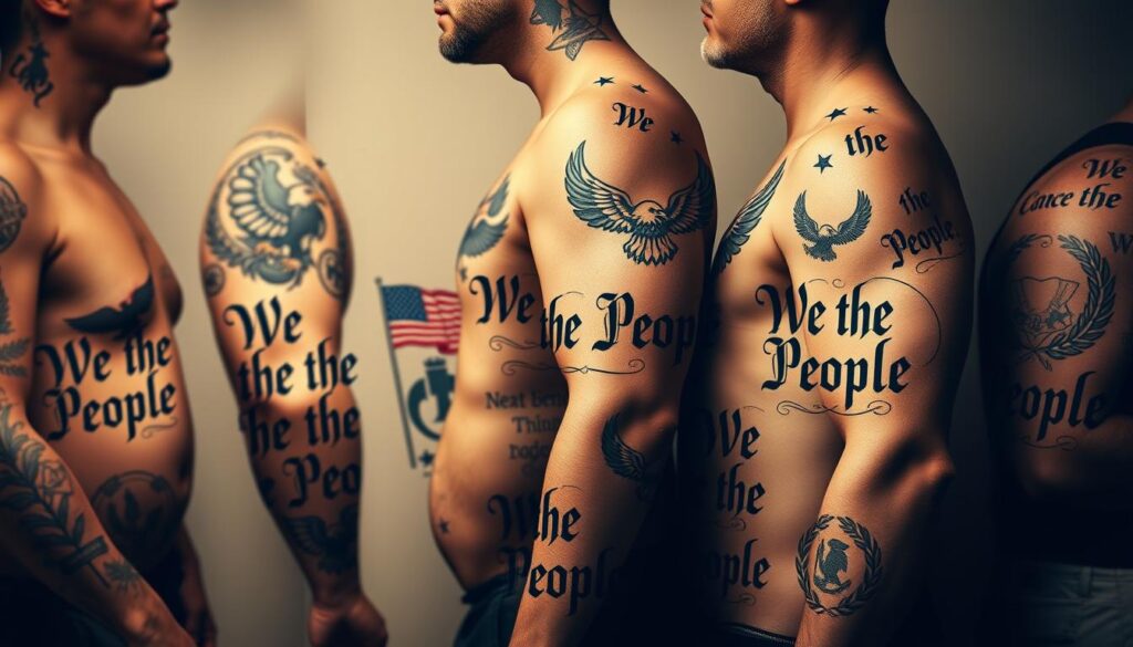 A stylized and personalized collection of "We the People" themed tattoo designs, featuring intricate line work, bold colors, and subtle symbolic elements. The foreground showcases diverse human figures, their bodies serving as the canvas for the iconic phrase, rendered in a mix of classical calligraphic and modern typographic styles. The middle ground presents a range of patriotic motifs, such as American flags, bald eagles, and laurel wreaths, seamlessly integrated into the tattoo compositions. The background subtly hints at a patriotic atmosphere, with muted tones of red, white, and blue, creating a sense of national pride and unity. The lighting is soft and warm, accentuating the depth and texture of the tattoo artwork. The overall mood is one of personal expression, civic engagement, and a reverence for the ideals of the United States.