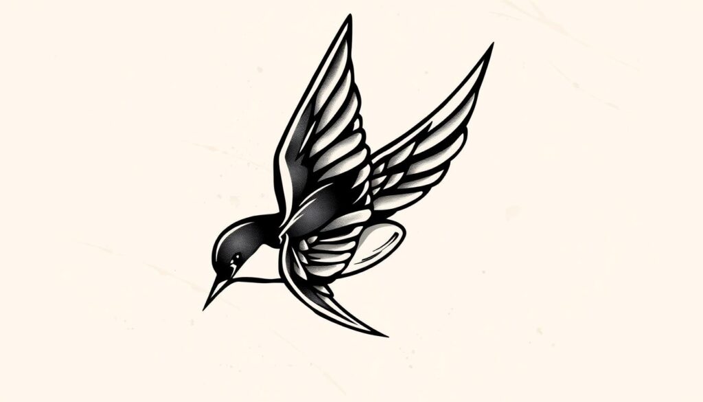 A stylized black and grey swallow tattoo design with bold, graphic lines and intricate feather patterns. The bird is depicted in a dynamic, mid-flight pose against a backdrop of soft, warm lighting and subtle textures, conveying a sense of freedom and movement. The design showcases the classic American traditional tattoo aesthetic, with a focus on clean, bold linework and high-contrast shading. The overall composition is visually striking and well-balanced, making it a compelling subject for a body art illustration.