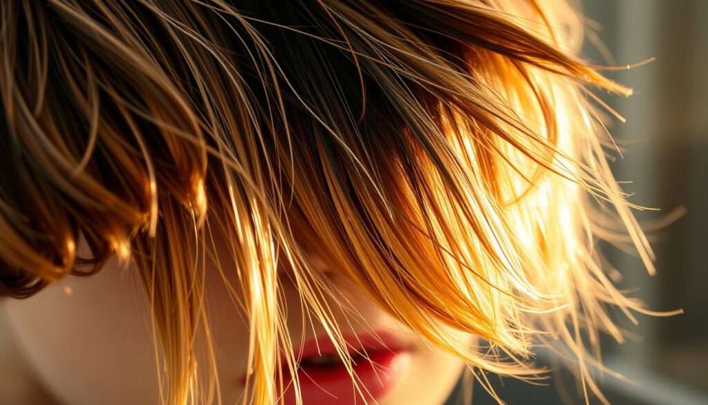 A stylized close-up image of various wolf cut hair lengths, arranged in a visually appealing composition. The foreground features strands of hair in a range of lengths, from short bangs to longer, face-framing pieces, all with a tousled, textured appearance. The middle ground showcases the varied, graduated layers that define the wolf cut style, with light and shadow accentuating the dimensional quality. The background is softly blurred, creating a focus on the intricate details of the hairstyle. The lighting is natural and warm, evoking a sense of effortless style and fashion-forward flair. The overall mood is one of youthful energy and modern sophistication.
