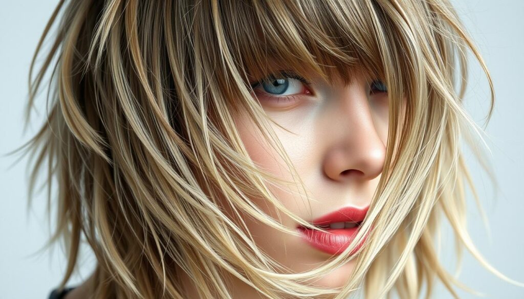 A stylized close-up portrait of a wolf cut hairstyle with bangs, layers, and distinctive textural details. The hair strands are rendered with a slightly muted, natural palette, capturing the soft, wispy flyaways and dimensional waves. Soft, flattering side lighting creates depth and highlights the tousled, windswept layers. The focal point is the face-framing bangs, blending seamlessly into the layered sides and back. The overall aesthetic conveys a trendy, effortless, and slightly edgy vibe, reflecting the signature elements of a modern wolf cut with bangs.