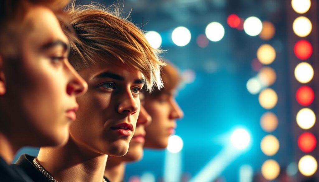 A stylized close-up shot of Justin Bieber's hairstyles featured in his popular music videos. The foreground showcases his iconic hairstyles, ranging from the swoop-style bangs of his early career to the slicked-back undercut look of his later albums. The middle ground features a blurred backdrop of concert stage lighting and camera flashes, creating a sense of energy and performance. The lighting is dramatic, with high-contrast shadows and highlights that accentuate the texture and movement of Bieber's hair. The overall mood is bold, vibrant, and reflective of the pop star's dynamic public persona. A stylized close-up shot of Justin Bieber's hairstyles featured in his popular music videos. The foreground showcases his iconic hairstyles, ranging from the swoop-style bangs of his early career to the slicked-back undercut look of his later albums. The middle ground features a blurred backdrop of concert stage lighting and camera flashes, creating a sense of energy and performance. The lighting is dramatic, with high-contrast shadows and highlights that accentuate the texture and movement of Bieber's hair. The overall mood is bold, vibrant, and reflective of the pop star's dynamic public persona.