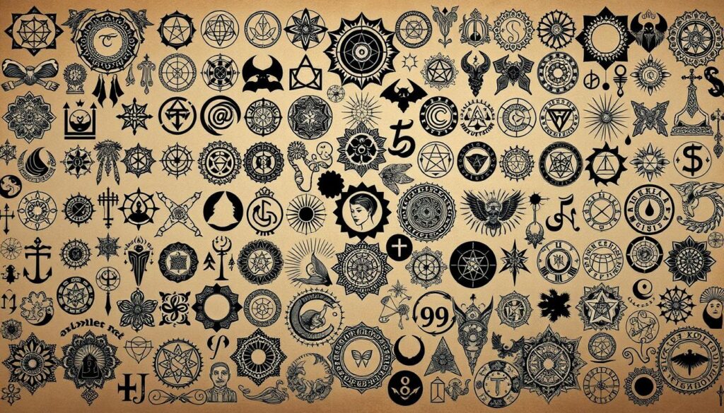 A stylized collage of 999 intricate tattoo designs, showcasing a diverse array of symbolic and meaningful elements. The foreground features a visually striking arrangement of various tattoo motifs, including geometric patterns, spiritual symbols, and iconic imagery. The middle ground presents a cohesive tapestry of these design elements, seamlessly blending together to create a visually captivating and aesthetically pleasing composition. The background is rendered in a soft, atmospheric lighting, accentuating the depth and dimension of the tattoo designs. The overall mood is one of artistic elegance, evoking a sense of the profound significance and personal expression inherent in the art of tattooing.