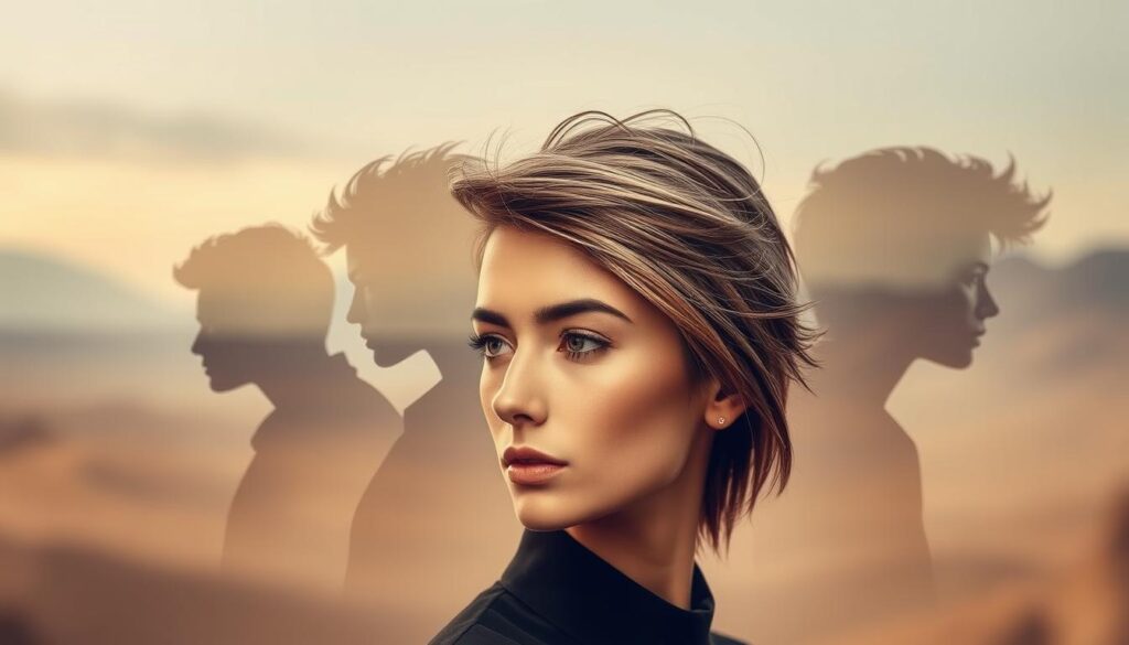 A stylized evolution of the wolf cut hairstyle, showcasing its progression through the ages. In the foreground, a striking model with a modern, layered wolf cut, their features illuminated by warm, diffused lighting. In the middle ground, a series of ghostly, overlapping silhouettes represent previous eras of the style, each with distinct volumetric shapes and textures. The background is a hazy, dreamlike landscape, evoking a sense of timelessness and the enduring appeal of this transformative haircut. The overall tone is one of elegance, movement, and the power of personal expression through evolving fashion trends.