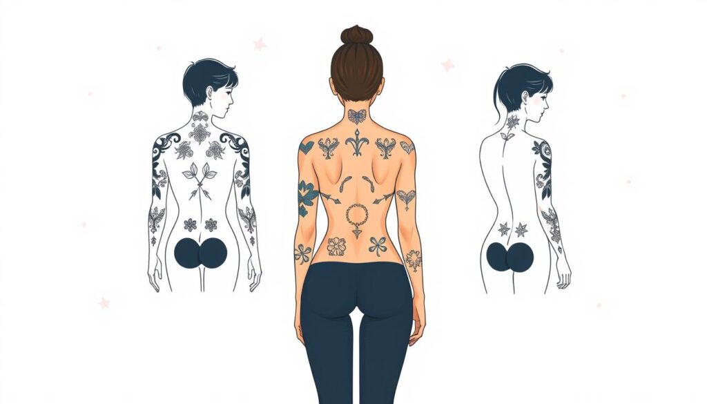 A stylized illustration showcasing various tattoo placement options on the human body. The foreground features a central female figure in a neutral pose, showcasing multiple tattoo designs across her arms, back, and torso. The middle ground includes additional body part outlines with suggested tattoo locations, such as the neck, wrist, and behind the ear. The background has a clean, minimalist aesthetic with soft, muted tones, emphasizing the focus on the tattoo placements. The lighting is soft and diffused, creating a serene, contemplative atmosphere. The overall composition guides the viewer's attention to the diverse tattoo placement possibilities in a visually appealing and informative manner.