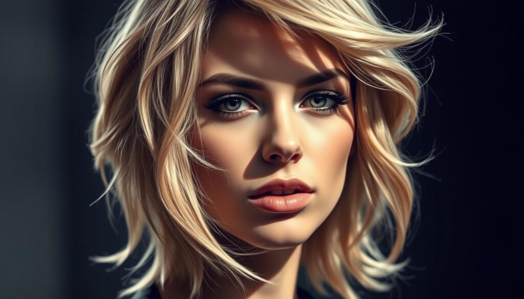 A stylized portrait showcasing the contrast between the wolf cut and butterfly cut hairstyles. The subject's face is prominently featured, with the hair flowing in soft, layered waves that frame the features. The lighting is dramatic, casting shadows that accentuate the angles and curves of the face. The background is blurred, keeping the focus on the hairstyles and their distinctive silhouettes. The overall mood is one of elegance and sophistication, with a touch of edge that reflects the trendy, modern nature of these haircuts.