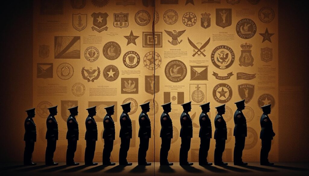 A stylized progression of military appearance regulations over time, showcasing the evolution of policies and standards. In the foreground, a series of uniformed silhouettes arranged chronologically, each with distinct details reflecting changing dress codes and grooming guidelines. The middle ground features a faded overlay of historical military insignia, patches, and symbols, hinting at the institutional context. The background is a muted, textured canvas evoking vintage military documents and archives, casting a somber, contemplative mood. Warm, dramatic lighting casts dramatic shadows, emphasizing the sense of time passing and the weight of tradition. Composition and color palette suggest a sense of measured, professional authority.