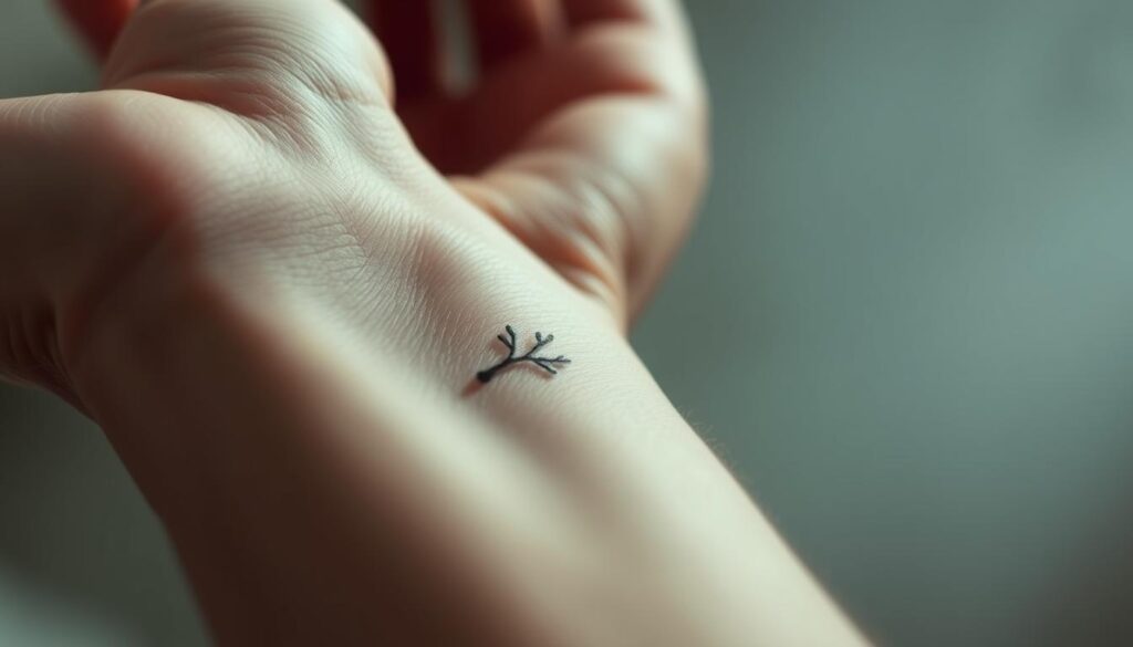 A subtle, minimalist memorial tattoo placed delicately on the inner wrist. The design features a small, abstract interpretation of a tree or branch, capturing the essence of remembrance with muted, earthy tones. The tattoo is expertly crafted, its lines crisp and clean, blending seamlessly with the natural curves of the skin. The lighting is soft and diffused, creating a serene, intimate atmosphere that conveys the solemn, personal nature of this memorial. The camera angle is positioned to showcase the placement, emphasizing the tattoo's discreet, yet meaningful presence on the body.