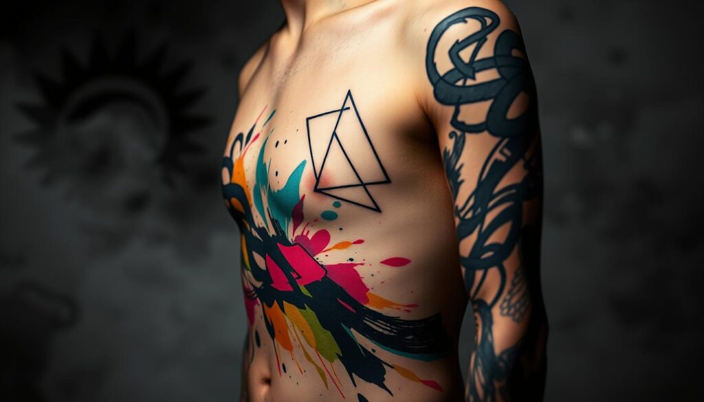 A surreal, abstract tattoo design featuring unconventional ink expressions. In the foreground, dynamic, swirling brushstrokes of ink in a spectrum of vibrant colors dance across the canvas, creating a bold, mesmerizing pattern. The middle ground showcases a minimalist, geometric tattoo design with sharp, angular lines and unexpected shapes, adding depth and visual interest. In the background, a hazy, atmospheric effect with soft, blurred edges and subtle gradients sets a dreamlike, introspective mood. Dramatic chiaroscuro lighting casts dramatic shadows, emphasizing the textural, expressive qualities of the ink. The overall composition evokes a sense of artistic experimentation and individuality in body art.