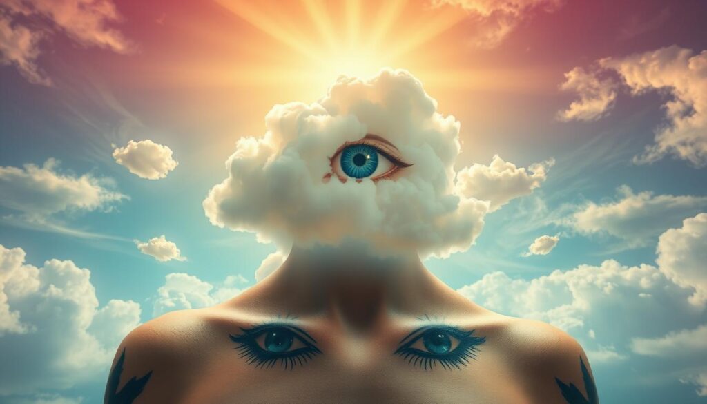 A surreal, ethereal scene of eye-shaped cloud formations drifting across a vibrant, sun-dappled sky. In the foreground, intricate eye tattoos adorn the skin, their irises and pupils seemingly merging with the swirling, ever-changing clouds above. The tattoos are rendered in a delicate, painterly style, evoking a sense of mysticism and the interconnectedness of the physical and spiritual realms. The lighting is soft and diffused, creating an otherworldly, dreamlike atmosphere. The composition is balanced and harmonious, drawing the viewer's gaze inward, towards the symbolic union of the corporeal and the celestial.