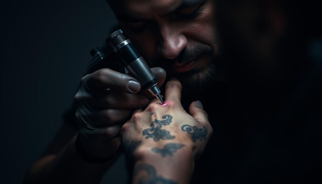 A tattoo artist's skilled hands working on a client's hand, the skin a canvas for intricate patterns. The tattoo machine's vibrant needle dances across the knuckles, etching bold lines and delicate flourishes. Subtle shadows cast by the artist's focused gaze, a look of intense concentration on their face. The client's hand rests steady, a slight tension in the muscles as they endure the pulsing sensation. The studio's sterile, clinical lighting casts a clinical yet intimate atmosphere, heightening the personal nature of the experience. Muted tones of grey, black, and skin tones dominate the frame, drawing the viewer's eye to the mesmerizing dance of ink and skin.