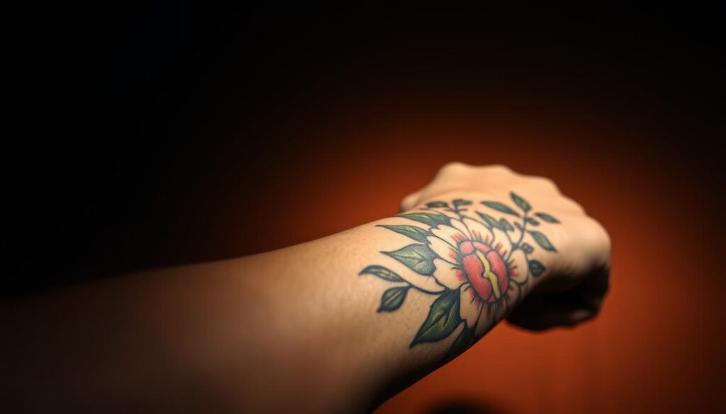 A tattooed arm with a vibrant cover-up design emerging from the shadows. The foreground shows a detailed close-up of the skin, capturing the texture and depth of the fresh ink. The middle ground reveals the intricate floral pattern covering an older, faded tattoo, with delicate lines and bold colors blending seamlessly. The background fades into a soft, moody atmosphere, casting a warm, atmospheric lighting that accentuates the cover-up's artistry. The overall composition conveys the transformative power of a well-executed tattoo cover-up, inspiring viewers to consider their own cover-up possibilities.