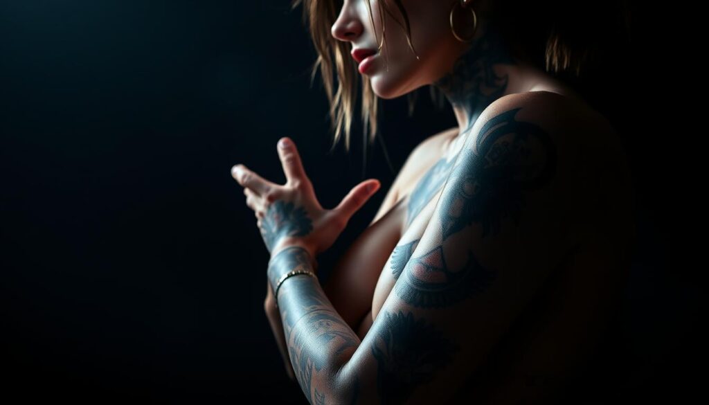A tattooed female model's body, prominently showcasing various baddie-style tattoos on her arms, back, and neck. The tattoos feature bold, dynamic designs with a mix of gothic, tribal, and street art influences. The model is captured in a dimly lit, moody studio setting, with dramatic backlighting casting dramatic shadows. The camera angle emphasizes the intricate details and placement of the tattoos, highlighting their aesthetic appeal and symbolic significance. The overall tone evokes a sense of edginess, rebelliousness, and a touch of mystery, reflecting the essence of the "baddie" aesthetic.