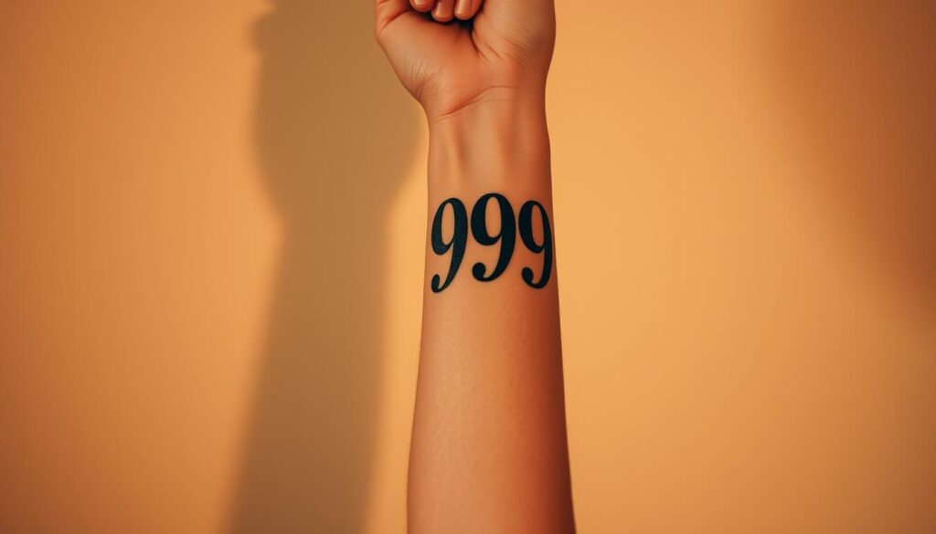 A tattooed human arm, positioned prominently in the foreground, showcasing a bold and stylized "999" tattoo design. The tattoo is displayed against a softly lit, minimalist background, allowing the design to take center stage. The lighting is warm and directional, creating subtle shadows that accentuate the contours of the arm and the details of the tattoo. The camera angle is slightly elevated, offering a clear and compelling view of the tattoo placement, emphasizing its significance and prominence on the body. The overall mood is one of deliberate, artistic presentation, inviting the viewer to closely examine and appreciate the symbolic meaning and design of the "999" tattoo.
