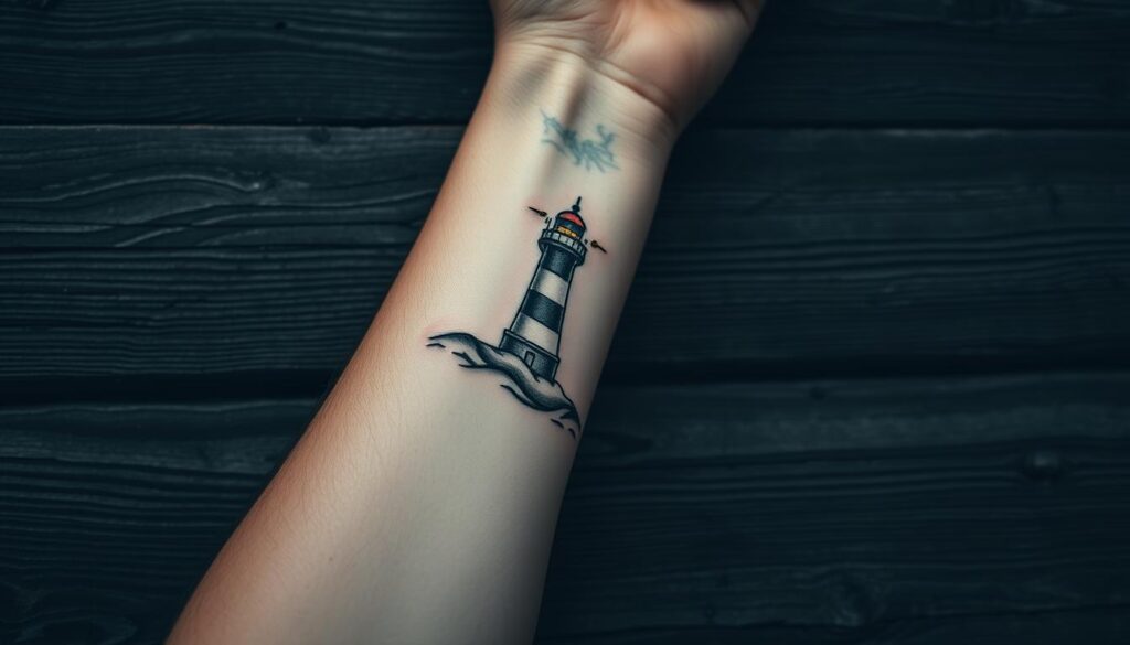 A tattooed human arm, resting on a weathered wooden surface, showcases a detailed lighthouse tattoo on the inner forearm. The lighthouse stands tall, its beam of light emanating a warm, golden glow that illuminates the surrounding seascape. The design features intricate linework, shading, and subtle color accents that capture the essence of the lighthouse motif. The composition is captured from a slightly elevated angle, emphasizing the three-dimensional nature of the tattoo and its placement on the body. The lighting is soft and diffused, creating a moody, atmospheric ambiance that evokes a sense of tranquility and reflection.