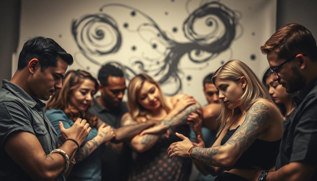 A thought-provoking tattoo perception study set against a thoughtful, contemplative atmosphere. The foreground depicts a diverse group of individuals examining tattoos on their arms, their faces expressing a range of emotions - curiosity, introspection, acceptance. The middle ground features a blurred, abstract backdrop of swirling ink patterns, symbolizing the evolving nature of tattoo perceptions. The lighting is soft and muted, creating a pensive, introspective mood. The camera angle is slightly elevated, inviting the viewer to observe this introspective scene from an objective, analytical perspective. Overall, the image conveys the nuanced and complex societal attitudes towards tattoos, capturing the essence of "The Evolution of Tattoo Perceptions."