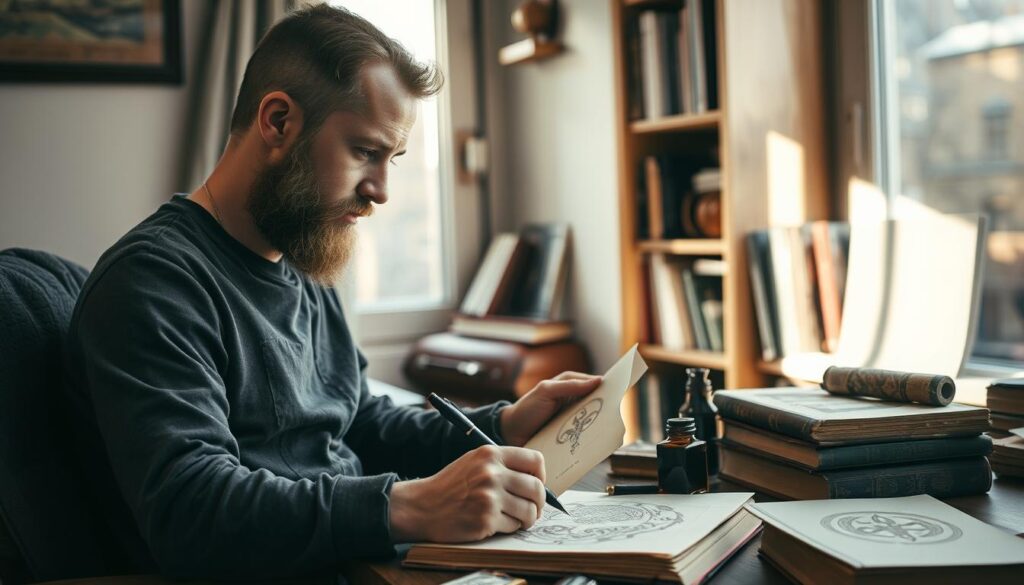 A thoughtful Norse design artist sits in a cozy studio, sketching intricate Viking-inspired tattoo designs. Soft natural light filters through a window, casting a warm glow on the artist's focused expression. Alongside them, an assortment of tools - delicate pens, inks in earthy tones, and weathered reference books on Norse mythology and symbolism. In the background, a bookshelf displays a curated collection of art and design volumes, hinting at the depth of the artist's creative inspirations. The overall scene evokes a sense of quiet contemplation, a moment of insight and artistic exploration into the rich cultural legacy of the Vikings.
