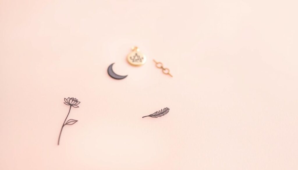 A thoughtful arrangement of delicate, minimalist tattoos on a serene, alabaster skin backdrop. In the foreground, intricate line-work depicting a blossoming flower, a celestial moon, and a wisp of a feather, all subtly shimmering under a warm, diffused light. In the middle ground, a scattering of tiny, symbolic icons - a compass rose, an infinity symbol, a simple script. The background softly fades into a hazy, dreamlike atmosphere, suggesting the personal, meaningful nature of these small, yet impactful body adornments.
