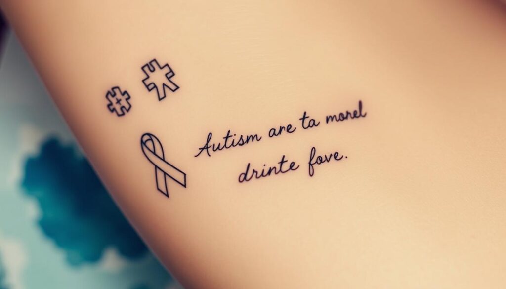 A thoughtful autism tattoo featuring personal elements, set against a soft, muted background. In the foreground, delicate line art depicts symbols of autism awareness - a puzzle piece, a ribbon, and a subtle geometric pattern. Overlaid, handwritten script spells out a meaningful phrase or personal mantra, conveying the wearer's unique journey. The middle ground showcases abstract watercolor washes in calming blues and greens, creating a sense of tranquility. Lighting is gentle, with a slight vignette effect emphasizing the central tattoo design. The overall composition communicates the deeply personal nature of this autism tattoo, a heartfelt expression of identity and resilience.