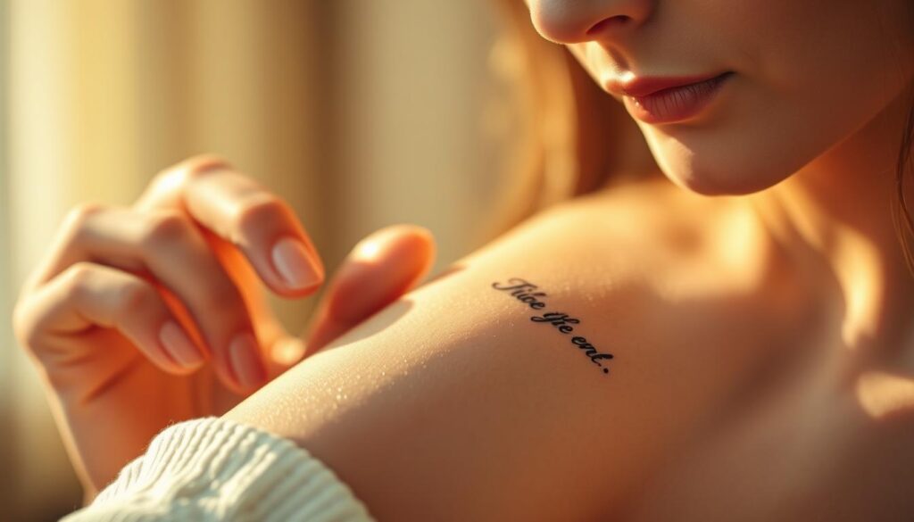A thoughtful close-up of a woman's forearm, showcasing a delicate tattoo of a Bible verse in elegant calligraphy. The skin has a soft, glowing quality, illuminated by warm, natural lighting that casts gentle shadows. The tattoo's design is simple yet impactful, with the verse text standing out against the woman's skin tone. In the middle ground, the woman's hand is partially visible, her fingers gently tracing the lines of the tattoo, conveying a sense of personal meaning and reflection. The background is blurred, allowing the focus to remain on the tattoo and the woman's thoughtful expression. The overall mood is one of tranquility, introspection, and the profound personal significance of choosing a Bible verse as a permanent form of self-expression.