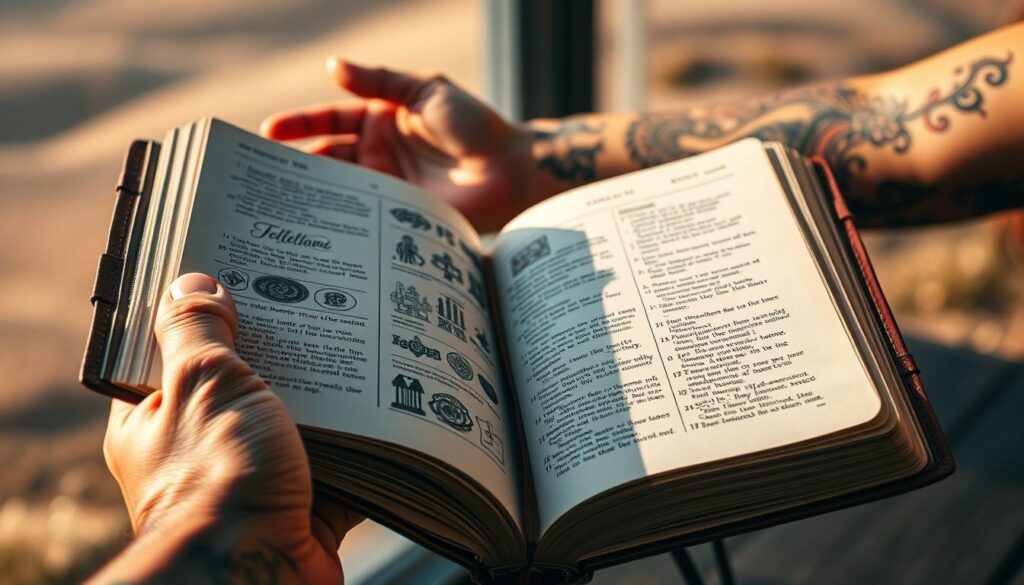 A thoughtful discussion on biblical perspectives of tattoos, depicted in a serene, contemplative atmosphere. In the foreground, a hand holds a well-worn leather-bound Bible, opened to reveal intricate ink illustrations of biblical symbols and scriptures. The middle ground showcases a tattooed arm, the ink designs inspired by traditional religious iconography. The background is a soft, muted landscape, hinting at the timeless, spiritual nature of the debate. Warm, natural lighting casts a reverent glow, inviting the viewer to ponder the intersection of faith and self-expression. The overall mood is one of thoughtful introspection, encouraging a nuanced exploration of this complex, multifaceted topic.
