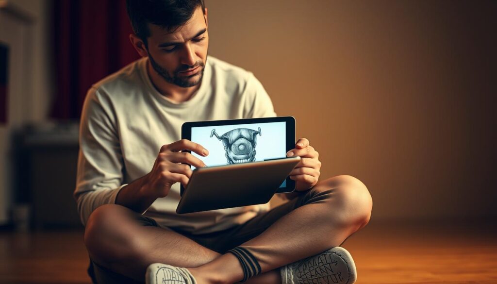 A thoughtful individual seated cross-legged, carefully examining a knee tattoo design on a tablet. The scene is well-lit, with warm, diffused lighting illuminating the subject's focused expression. The background is blurred, creating a sense of depth and emphasizing the subject's contemplation. The overall tone is one of introspection and careful consideration, conveying the importance of the decision to get a knee tattoo. The image should inspire the viewer to thoughtfully weigh the factors involved in this body modification.
