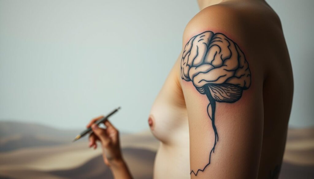 A thoughtful tattoo design depicting the intricate relationship between mental health and the human psyche. In the foreground, an abstract representation of the brain in muted tones, with delicate lines tracing the intricate neural pathways. In the middle ground, a hand holding a pen, symbolizing the act of self-expression and the therapeutic nature of the tattoo process. The background features a minimalist landscape of soft, muted hues, creating a sense of tranquility and introspection. Soft, directional lighting casts subtle shadows, emphasizing the depth and texture of the tattoo design. The overall mood is one of contemplation and the exploration of the inner self.