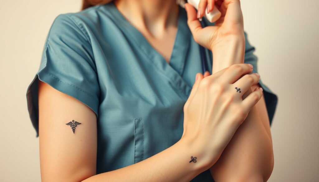 A thoughtfully designed collection of tattoo designs suitable for nurses, showcased against a clean, professional background. The tattoos feature delicate line work, subtle floral motifs, and symbolic icons like the caduceus, creating an elegant, understated aesthetic. The designs are strategically placed on the inner forearm, behind the ear, or as small details on the wrist, ensuring they remain tasteful and easily concealed within the nursing uniform. Warm, diffused lighting accentuates the fine details and muted color palette, conveying a sense of tranquility and healing. The overall impression is one of refined self-expression that aligns with the nursing profession's standards of professionalism and patient care.