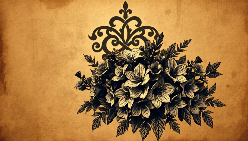 A timeless, masculine floral tattoo design against a vintage, sepia-toned background. In the foreground, an intricate bouquet of historical blooms - dense and lush, with delicate petals and lively leaves. The middle ground features a shadowy, hand-drawn motif, hinting at the ink's permanence. The background is a weathered, textured surface, evoking a sense of tradition and rugged elegance. Soft, dramatic lighting casts dramatic shadows, emphasizing the depth and dimensionality of the design. The overall aesthetic is a harmonious blend of classic tattoo artistry and the natural beauty of flowers, exuding a sense of timeless, masculine style.