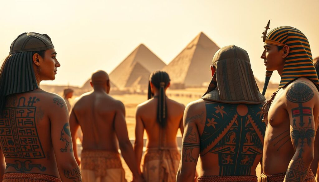 A timeless tableau of ancient Egyptian tattoos, captured in stunning detail. In the foreground, intricate hieroglyphic designs dance across tanned skin, their bold lines and vibrant colors evoking the rich cultural heritage of the Nile Valley. The middle ground reveals the silhouettes of stoic pharaohs, their bodies adorned with sacred symbols that tell the stories of their dynasties. In the distant background, the iconic pyramids of Giza rise majestically, their weathered stones bearing witness to the enduring legacy of this captivating civilization. Warm, golden light filters through the scene, casting a reverent glow and imbuing the image with a sense of timelessness and reverence.