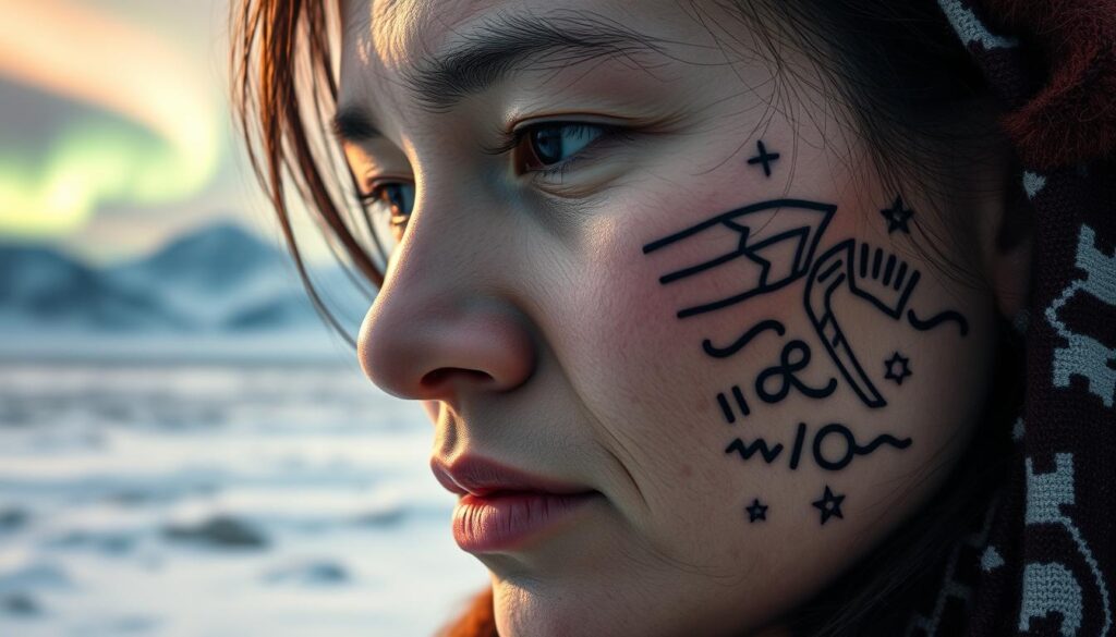 A traditional Inuit woman's face, her skin adorned with intricate tattoos that tell the story of her people. Delicate lines and patterns flow across her cheeks, forehead, and chin, each symbol imbued with deep cultural significance. The lighting is soft and diffused, casting a warm, ethereal glow that accentuates the intricate details of the tattoos. In the background, a vast and rugged Arctic landscape, snow-capped mountains, and a hint of the northern lights dancing across the sky, creating a mesmerizing and immersive scene that captures the essence of Inuit heritage and the timeless beauty of their ancestral art.