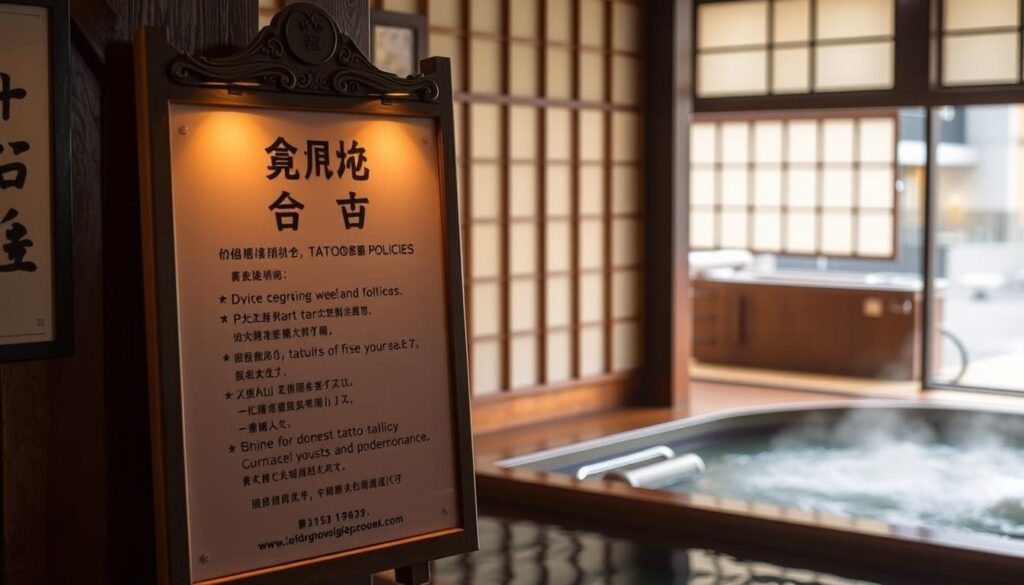 A traditional Japanese onsen (hot spring) interior, with an ornate wooden sign prominently displayed, outlining the tattoo policies for visitors. The sign is illuminated by soft, warm lighting, casting a gentle glow throughout the serene scene. In the background, a tranquil view of a steaming outdoor onsen is visible through a large window, framed by elegant paper shoji screens. The overall atmosphere evokes a sense of cultural heritage, hospitality, and consideration for guests, perfectly reflecting the "Travel Considerations for Tattooed Visitors" section of the article.