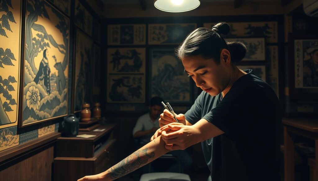 A traditional Japanese tattoo studio, with intricate woodblock-inspired designs covering the walls. In the center, a skilled artist meticulously works on a client's arm, using a delicate handheld tool to create a vibrant, story-rich tattoo. The room is dimly lit, casting dramatic shadows that accentuate the artistry. The air is filled with the hum of the tattoo machine and the focused concentration of the artist. The client's face is serene, conveying the trust and reverence they have for this ancient practice. The scene evokes a sense of timeless tradition, where the ink becomes a canvas for cultural narratives and personal journeys.