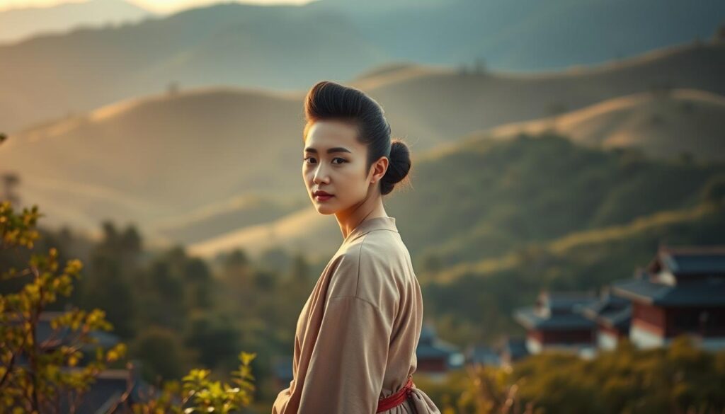 A traditional Korean landscape, with rolling hills and lush foliage, serves as the backdrop. In the foreground, a graceful figure with a distinctive "wolf cut" hairstyle stands tall, embodying the cultural roots and history of this iconic style. The lighting is soft and warm, casting a gentle glow on the scene. The composition is balanced, with the subject positioned off-center, allowing the viewer to appreciate the surrounding environment. The overall atmosphere conveys a sense of harmony, tradition, and the enduring significance of the Korean wolf cut within the country's cultural heritage.