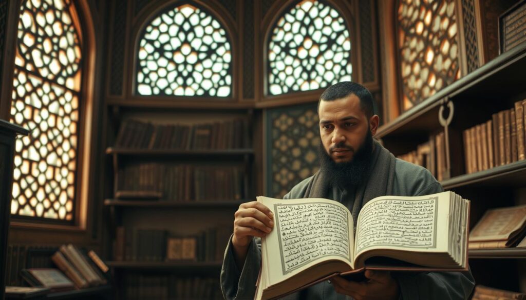 A tranquil Arabic-style interior, with intricate latticed windows casting warm, diffused light upon a thoughtful scholar, garbed in traditional robes, contemplating an open tome on Islamic jurisprudence. Shelves of ancient manuscripts line the walls, creating an atmosphere of scholarly reflection. The scholar's expression is pensive, as if deliberating the nuances of the religious text before them, shedding light on the complex topic of tattoos in Islamic law. Elegant calligraphic motifs adorn the surfaces, adding to the reverent ambiance. Subtle, muted tones evoke a sense of timelessness and contemplation.