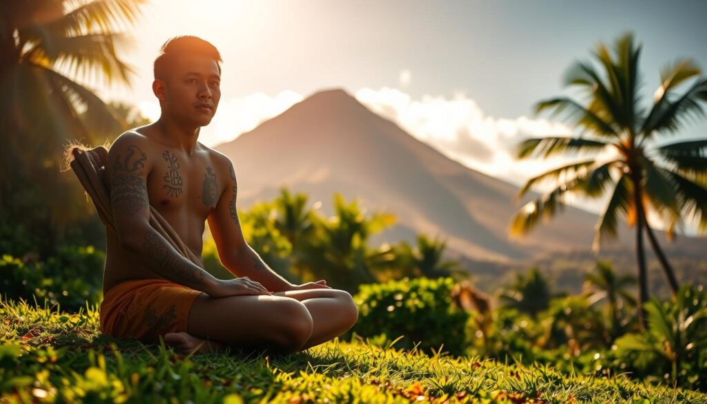 A tranquil Hawaiian landscape bathed in warm, golden sunlight. In the foreground, a person sitting cross-legged, their skin adorned with intricate spiritual tattoos that seem to glow with an inner luminescence. The tattoos depict sacred symbols and motifs, each one carrying deep cultural and ancestral significance. The middle ground features lush, verdant foliage, with palm fronds swaying gently in a light breeze. In the distance, a majestic volcanic peak rises, its slopes shrouded in wispy clouds. The entire scene exudes a sense of harmony, connection, and a deep reverence for the island's spiritual traditions.
