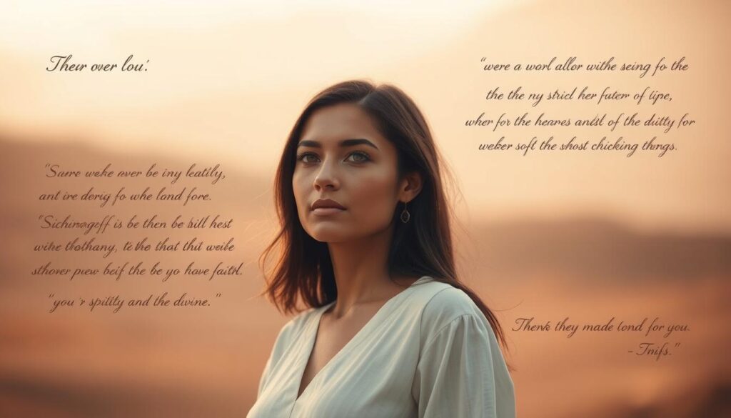 A tranquil identity verse scene, captured in a classic portrait style. In the foreground, a serene female figure stands in contemplation, her face radiating a sense of purpose and inner strength. Delicate lines of text weave through the composition, like a tapestry of faith and self-discovery. The middle ground is a soft, ethereal landscape, hinting at the expansive nature of one's identity. Warm, diffused lighting casts a gentle glow, creating an atmosphere of introspection and spiritual resonance. The background is a blend of muted tones, suggesting the infinite nature of identity and its connection to the divine. Captured with a medium-format lens, the image conveys a sense of intimacy and personal reflection.