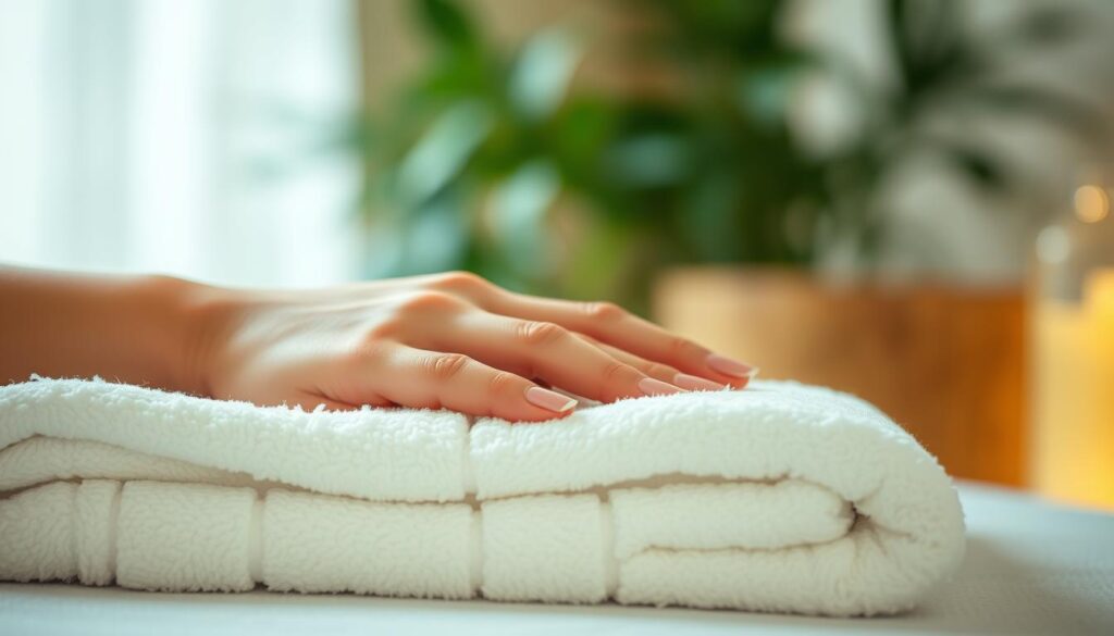 A tranquil spa setting with a close-up view of a manicured hand resting on a soft, plush towel. The fingers are carefully positioned, showcasing the precision of a professional manicurist's work. Soft, diffused lighting illuminates the scene, creating a calming and serene atmosphere. The background features blurred, lush greenery, hinting at the spa's relaxing ambiance. The composition emphasizes the delicate details of the manicure process, inviting the viewer to appreciate the artistry and care involved in this self-care ritual. A tranquil spa setting with a close-up view of a manicured hand resting on a soft, plush towel. The fingers are carefully positioned, showcasing the precision of a professional manicurist's work. Soft, diffused lighting illuminates the scene, creating a calming and serene atmosphere. The background features blurred, lush greenery, hinting at the spa's relaxing ambiance. The composition emphasizes the delicate details of the manicure process, inviting the viewer to appreciate the artistry and care involved in this self-care ritual.